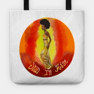 Still I’ll rise -multi coloured colored background - black girl with Afro hair, shimmering gold dress and dark brown skin side profile. Tote