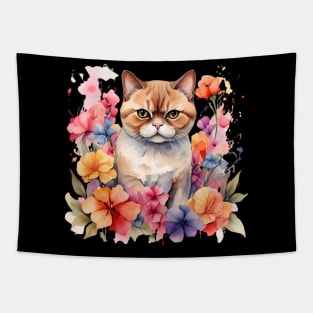 An exotic shorthair cat decorated with beautiful watercolor flowers Tapestry