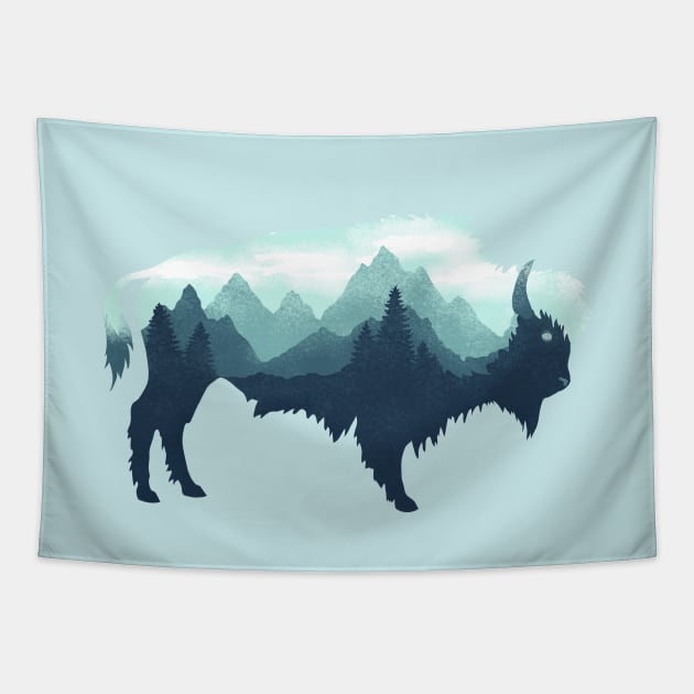 Dramabite Bison Buffalo Double Exposure Surreal Wildlife Native Animal Tapestry by dramabite