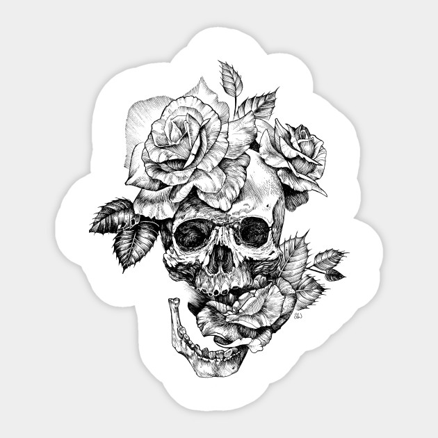 Black And White Ink Drawing Skull With Roses