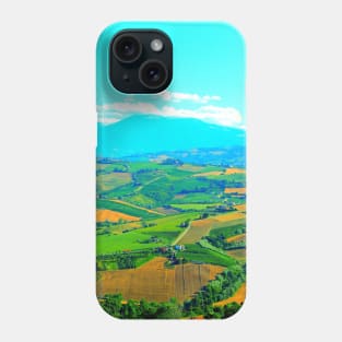 Scene in Carassai with fields sectoring the lands and impressive mountains Phone Case