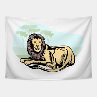 Lion Sitting in Savanna Retro Tapestry