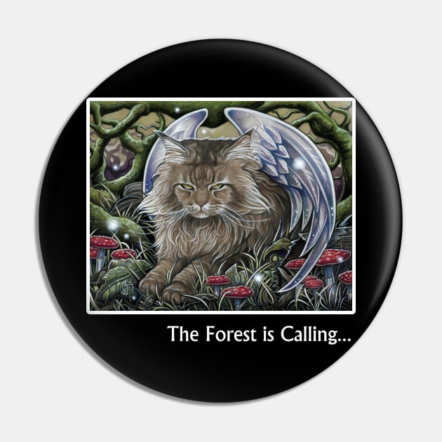 Cat Forest Spirit - The Forest is Calling - White Outlined Version Pin by Nat Ewert Art