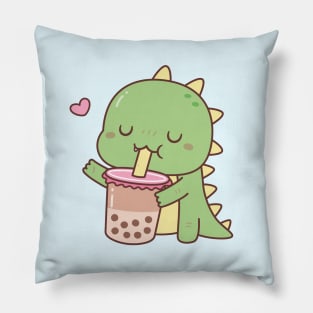 Cute Little Dino Loves Boba Milk Tea Pillow