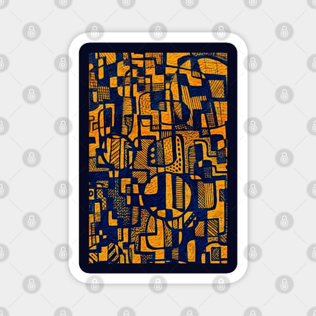 African Abstract Art Pattern Design - "Ndalu" - Orange and Blue Magnet by Tony Cisse Art Originals