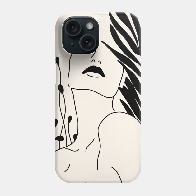 Woman Portrait And Plant Leaves Line Art Phone Case by Trippycollage