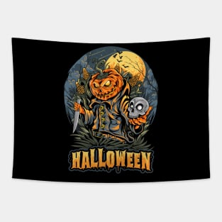 halloween scarecrow skull head pumpkins artwork Tapestry