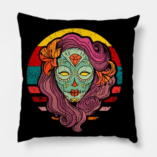 Sugar Skull Girl retro distressed Pillow