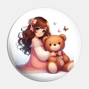 Girl with toy bear Pin