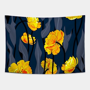 yellow double tulip on dark blue foliage Tapestry