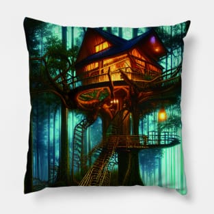 Magical Cottage Tree House with Lights in Forest with High Trees, Scenery Nature Pillow