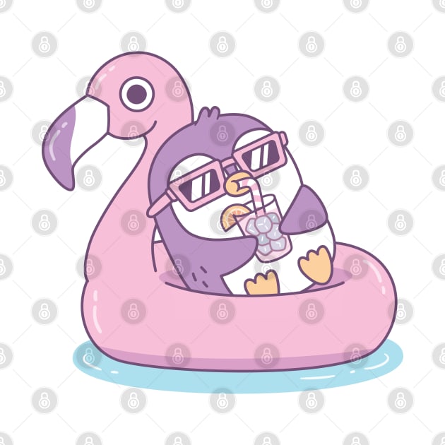 Cute Purple Penguin Chillin On Pink Flamingo Pool Float by rustydoodle