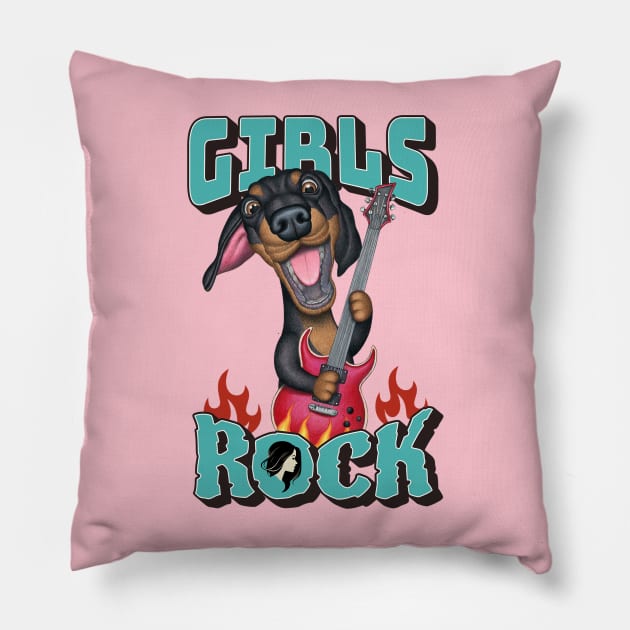 Fun Girls Rock with Dachshund Doxie Dog and guitar Pillow by Danny Gordon Art