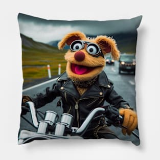 Dog puppet in a motorcycle Pillow