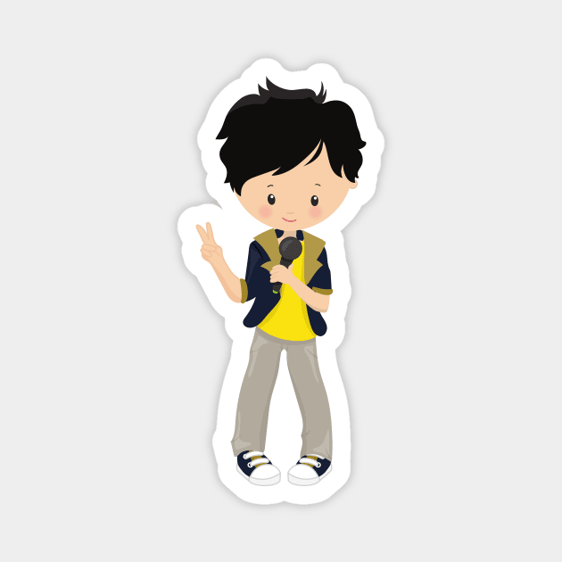 Rock Boy, Black Hair, Microphone, Band Singer Magnet by Jelena Dunčević