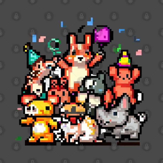 A group of animals having a party or celebrating a holiday, pixel art by maricetak