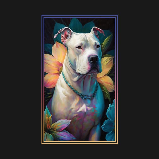 Dogo Argentino Dog Vibrant Tropical Flower Tall Digital Oil Painting Portrait 2 by ArtHouseFlunky