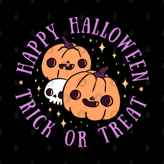 Happy Halloween trick or treat cute pumpkin heads with a skull by Yarafantasyart