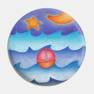 Sailing boat at sea at night with the moon and stars Pin