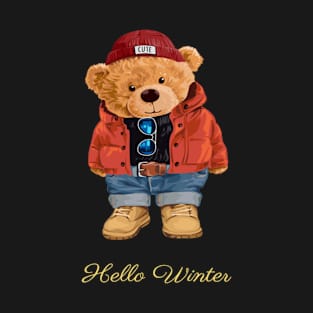 Hello winter slogan with bear toy in winter style T-Shirt