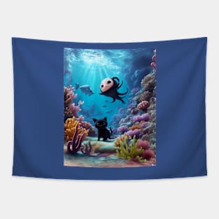 Black Kitten in Underwater Fantasy World Tapestry