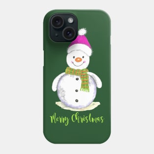 Merry christmas snowman with green scarf and pink hat Phone Case