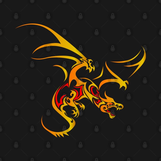 Flying Dragon in Tattoo/Tribal Style, Gold with Red accents by Designs by Darrin