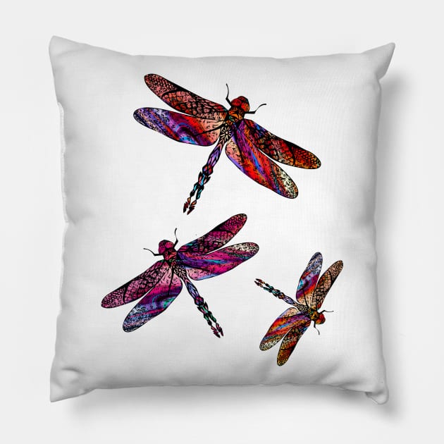 Ornate Dragon Fly Colorful Insect Illustration Pillow by VintCam