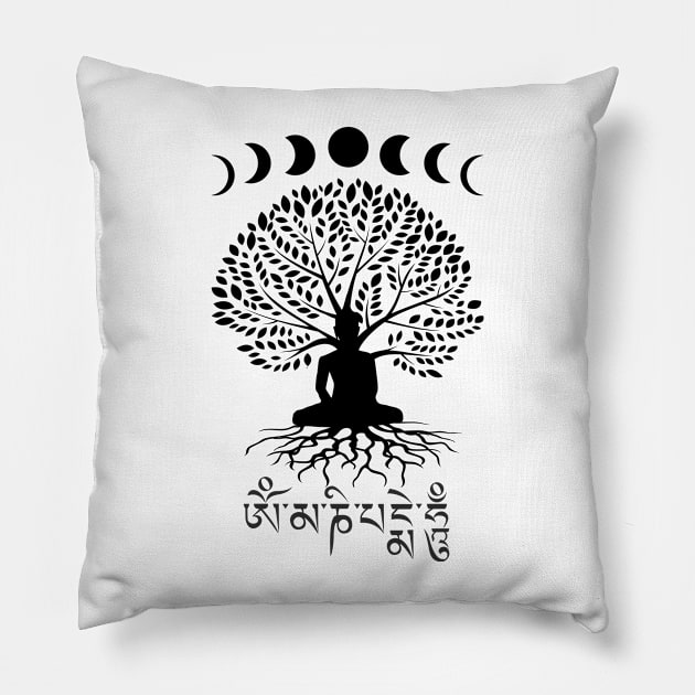 Moon Phases Buddha Om Mani Padme Hum Tree of Life Pillow by TammyWinandArt