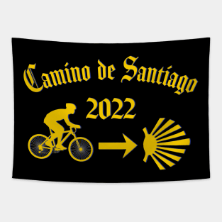 Camino de Santiago Typography Man Riding a  Bicycle Yellow Arrow Scallop Shell Tapestry