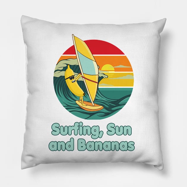 Surfing, Sun and Bananas Windsurfing funny Design Pillow by Andy Banana