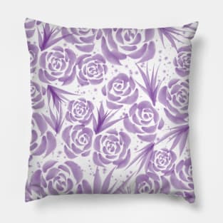 Watercolor Purple Roses with Leaves Floral Pattern Pillow