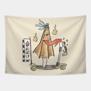 Funny Japanese folklore creature KasaObake riding scooter! Tapestry