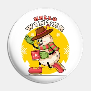 Hello Winter, a cute cartoon character of a snowman ice skating Pin