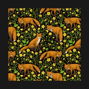 Foxes and buttercups on black T-Shirt