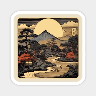 Traditional Japanese Mountain Woodcut Magnet