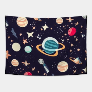 A space-themed pattern featuring stars, planets, and other cosmic elements. Tapestry