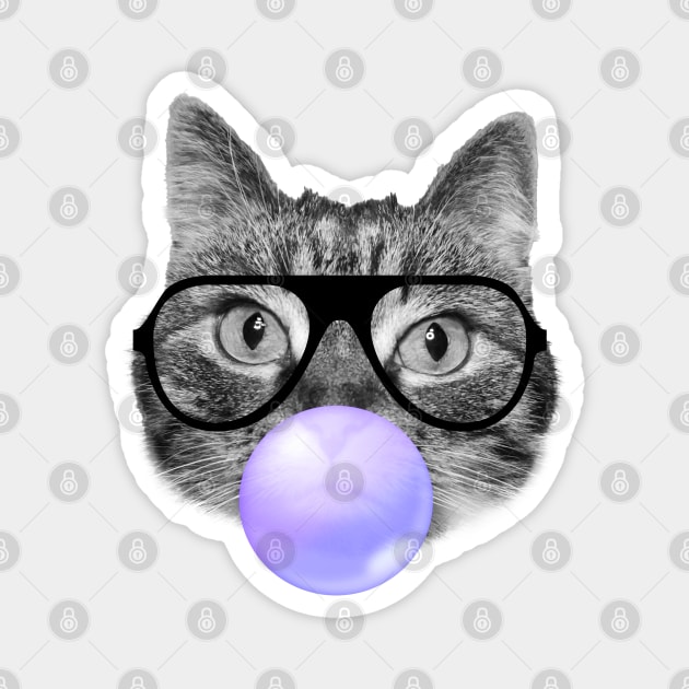 Funny cat blowing a purple bubble gum Magnet by Purrfect