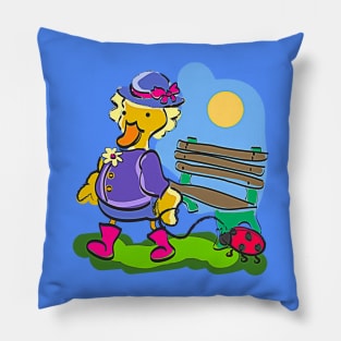 Cute Duck Walking Her Pet Ladybug in the Park Pillow