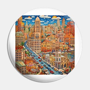 Road Through Urban Folk Art Cityscape Pin