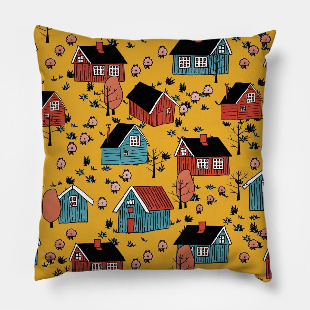 Yellow, pink, blue scandinavian wooden houses and trees without leaves with sheep Pillow by essskina