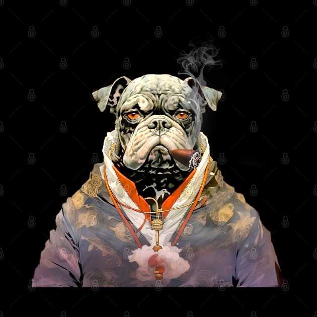 Cigar Smoking Bulldog: Nothing Bothers Me When I'm Smoking a Cigar on a dark (knocked out) background by Puff Sumo