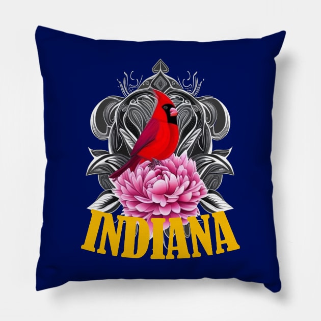 Cardinal Bird With Peony Indiana State Tattoo Art Pillow by taiche