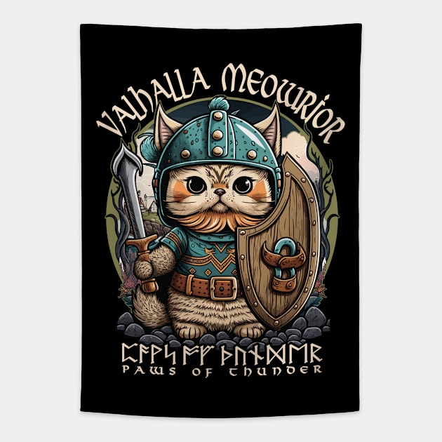 Nordic Norse Valhalla Viking Cat Warrior Tapestry by Apocatnipse Meow