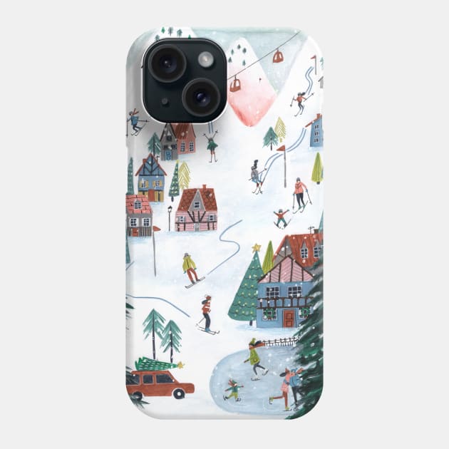 Ski Lodge cosy chalet skating snow village mountains Phone Case by CarolineBMuller