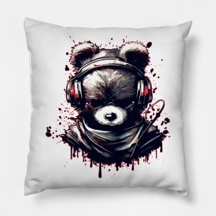 Ninja Bear In Headphones Japanese Anime Ink Splash Style Pillow