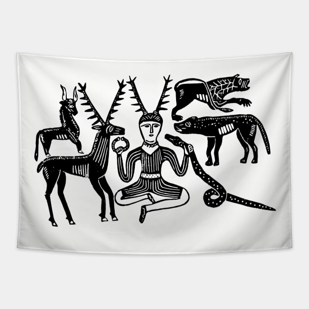 Cernunnos and Animals from the Gundestrup Cauldron (Black Ink Version) Tapestry by LaForma