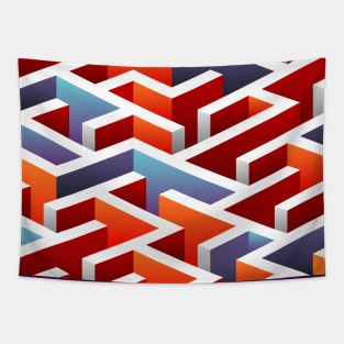 Blue, Orange and Red 3D Maze Tapestry