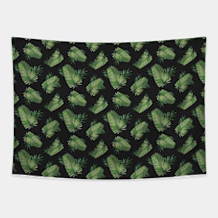 Green Palm Leaves on Black Background Pattern Tapestry