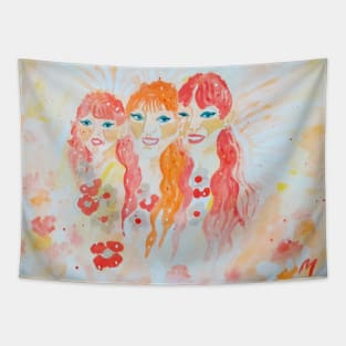 Drawing of Three Cute Fairies With Beautiful Hairs Tapestry